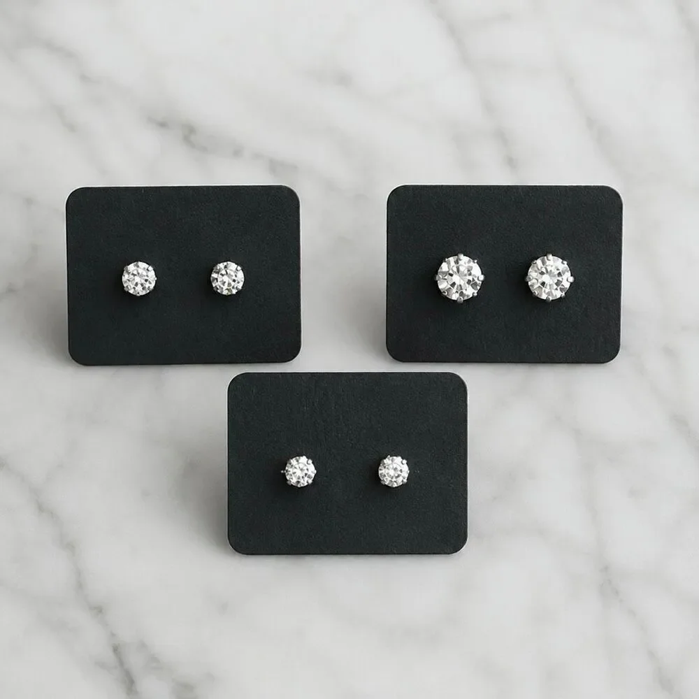 Men’s Crystal Stud Earrings, 3 Pairs, 3 Sizes